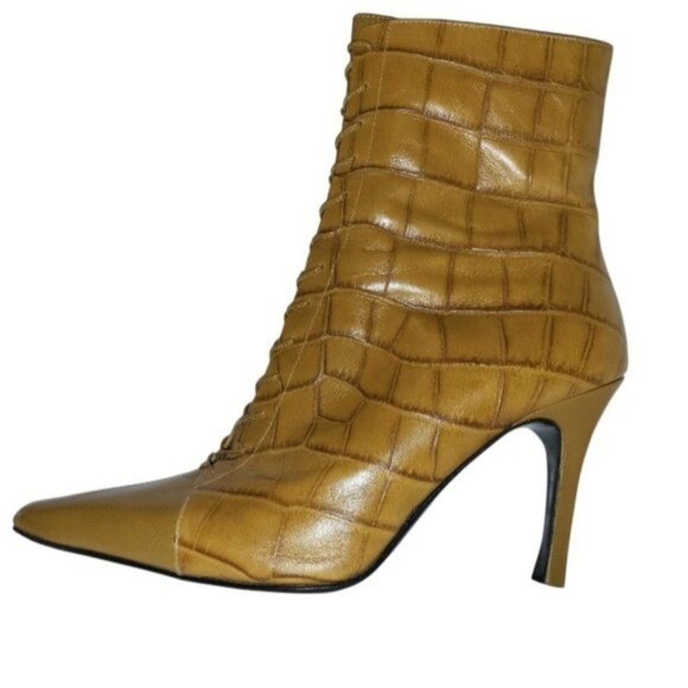 MONICA MAGLI Tan Croc / Gator Embossed, Lace Zip Booties / Ankle Boots - 8